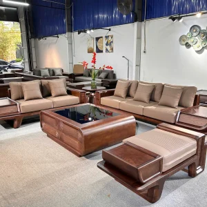 Bộ Sofa Gỗ Tự Nhiên Chân Cuộn Nghệ Thuật Bọc Da Cao Cấp