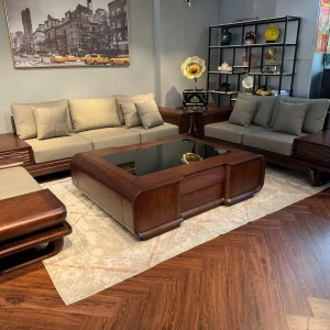 Bộ Sofa Gỗ Tự Nhiên Chân Đùi Gà Khối Hộp Chạm Khắc Tinh Xảo Bọc Da Cao Cấp