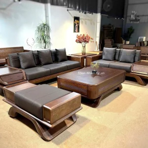Bộ Sofa Gỗ Tự Nhiên Chân Quỳ Khối Hộp Bọc Da Tone Đen Quyền Lực
