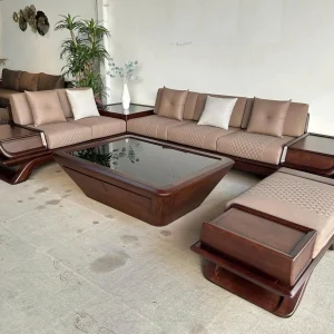 Bộ Sofa Góc Chữ L Gỗ Tự Nhiên Chân Chữ Z Đệm Da Trần Trám Cao Cấp