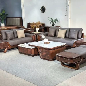 Bộ Sofa Gỗ Tự Nhiên Chân Quỳ Phối Vân Nu Bàn Trà Kép Mặt Đá Cao Cấp