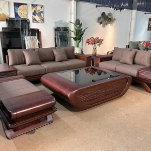 Bộ Sofa Gỗ Tự Nhiên Chân Thuyền Chạm Khắc Sóng Nước Bọc Da Cao Cấp