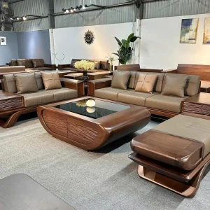Bộ Sofa Gỗ Tự Nhiên Chân Thuyền Chạm Sóng Nước Bọc Da Tone Nâu Xám