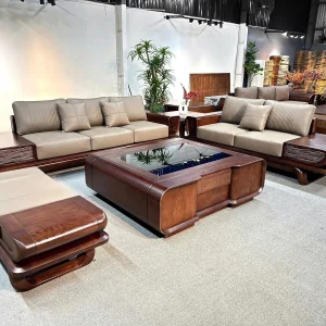 Bộ Sofa Gỗ Tự Nhiên Chân Đùi Gà Chạm Sóng Nước Bọc Da Màu Be Thanh Lịch
