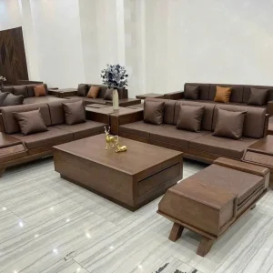 Bộ Sofa Văng Gỗ Tự Nhiên Chân Vát Khối Hộp Bọc Da Tone Nâu Trầm
