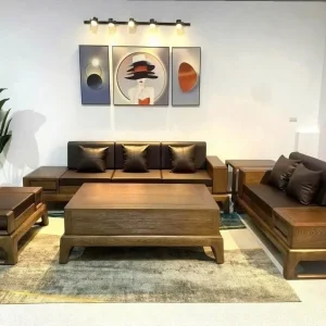 Bộ Sofa Văng Gỗ Tự Nhiên Khối Hộp/Chân Thuyền Bọc Da Tone Nâu Trầm Đẳng Cấp
