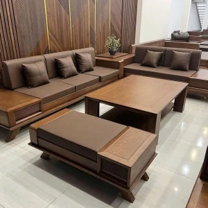 Bộ Sofa Văng Gỗ Tự Nhiên Chân Vát Khối Hộp Điểm Nhấn Nan Chớp Bọc Da Hiện Đại