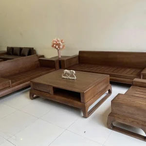 Bộ Sofa Gỗ Tự Nhiên Chân Quỳ Liền Khối Mặt Nan Phong Cách Tối Giản