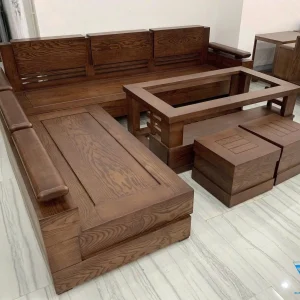 Bộ Sofa Góc Chữ L Gỗ Tự Nhiên Khối Hộp Mặt Gỗ Nguyên Bản Tối Giản