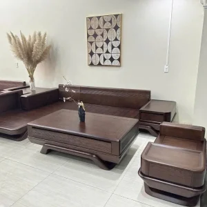 Bộ Sofa Góc Chữ L Gỗ Tự Nhiên Chân Thuyền Mặt Mộc Tựa Lưng Phay Rãnh Hiện Đại