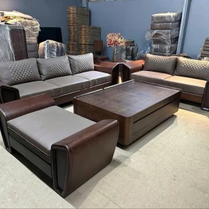 Bộ Sofa Gỗ Tự Nhiên Khung Tay Vòng Cung Tựa Lưng Da Trần Trám Đẳng Cấp
