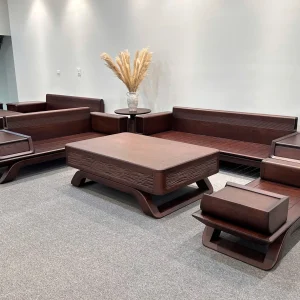Bộ Sofa Gỗ Tự Nhiên Chân Quỳ Chạm Sóng Nước Thiết Kế Mặt Nan Bo Góc Nghệ Thuật