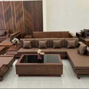 Bộ Sofa Góc Chữ L Gỗ Tự Nhiên Thiết Kế Khối Hộp Tối Giản Bọc Da Tone Nâu Sẫm