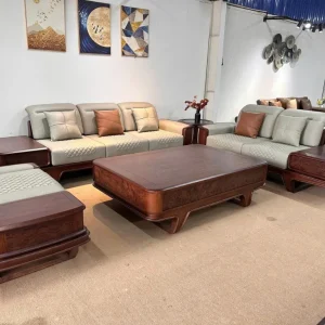 Bộ Sofa Gỗ Tự Nhiên Chân Đùi Gà Khối Hộp Chạm Sóng Nước Đệm Trần Trám